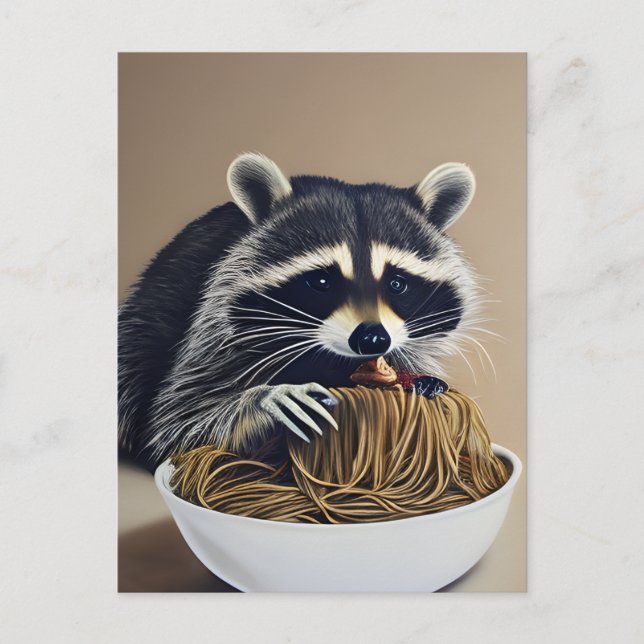 Tvättbjörn äter Spaghetti vykort (Framsida)