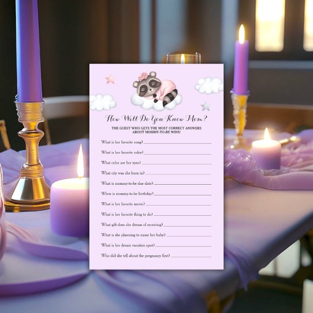 Tvättbjörn Baby Shower-spel Känner du mamman? (Raccoon Girl Baby Shower Game Do You Know Mom?)