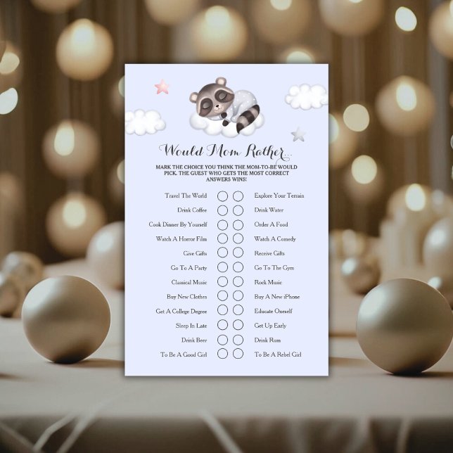 Tvättbjörn Baby Shower-spel Skulle mamma hellre (Gentle Raccoon Baby Shower Game Would Mom Rather)