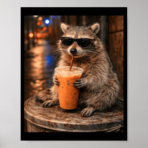 Tvättbjörn dricker iskaffe meme rolig djur för poster