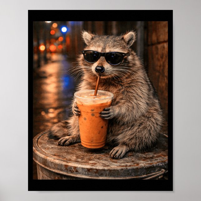 Tvättbjörn dricker iskaffe meme rolig djur för poster (Framsidan)