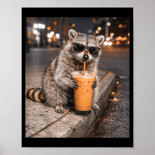 Tvättbjörn dricker iskaffe meme rolig djur för poster