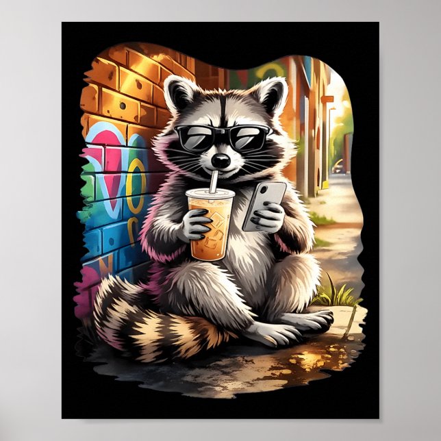 Tvättbjörn dricker iskaffe rolig djur meme män poster (Framsidan)