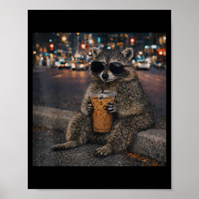 Tvättbjörn dricker iskaffe rolig djur-meme män poster (Framsidan)