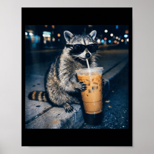 Tvättbjörn dricker iskaffe rolig djur meme  poster