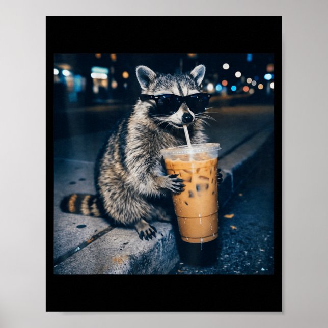 Tvättbjörn dricker iskaffe rolig djur meme  poster (Framsidan)