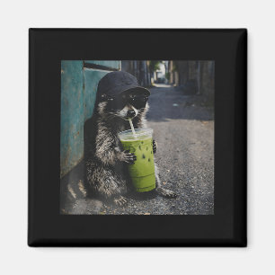 Tvättbjörn dricker matcha latte rolig djur meme ja magnet