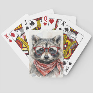 Tvättbjörn som bär röda glasögon och bandana casinokort