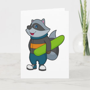 Tvättbjörn som snowboardåkare med snowboard kort
