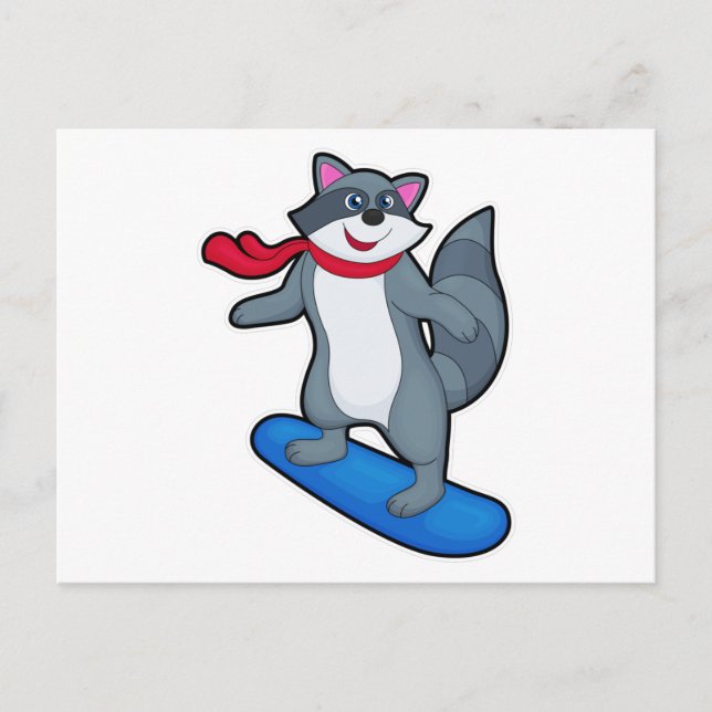 Tvättbjörn som snowboardåkare med snowboard och ha vykort (Framsida)