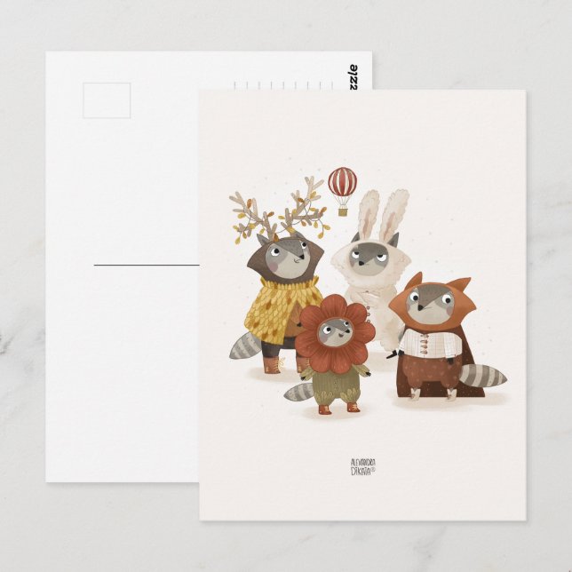 Tvättbjörnar av Alexandra Dikaia Vykort (Fram/baksida)