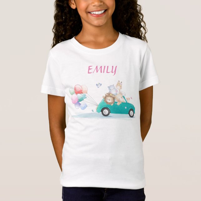 Tvättdjur som kör bil och ballonger Flicka t-shirt (Framsida)