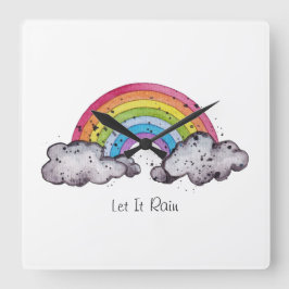 Tvättfärgade regnbågar och moln fyrkantig klocka