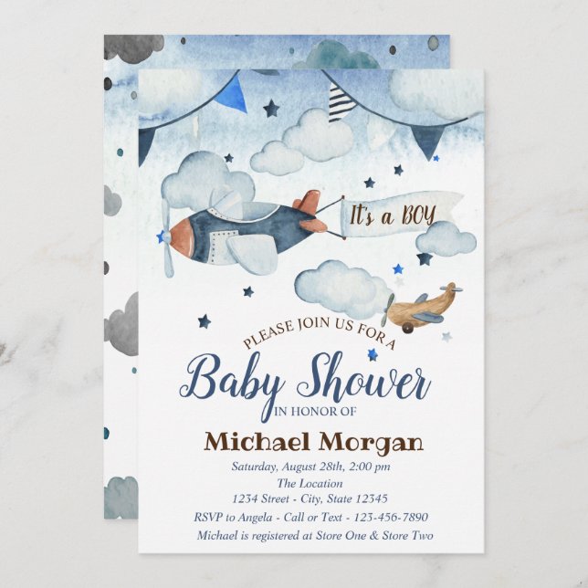 Tvättfärgsstjärnor,moln,Babyskor för flygplan Inbjudningar (Fram/baksida)