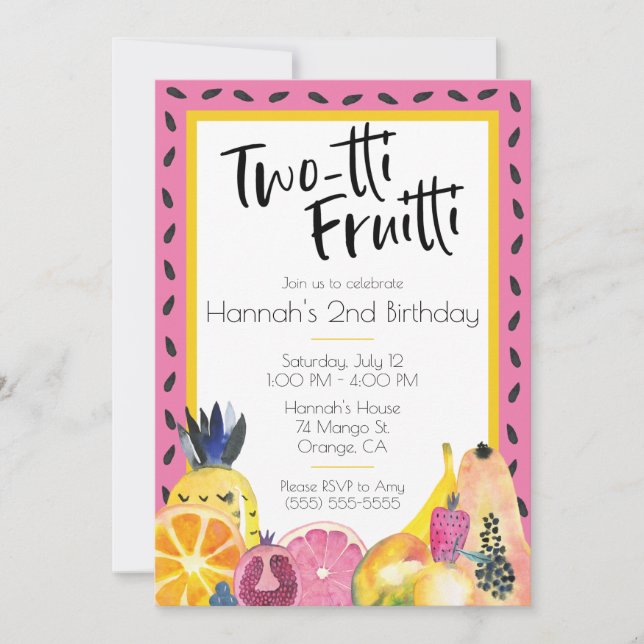 Tvåtti Fruitti Tropical Fruktans tema 2:a födelsed Inbjudningar (Framsida)