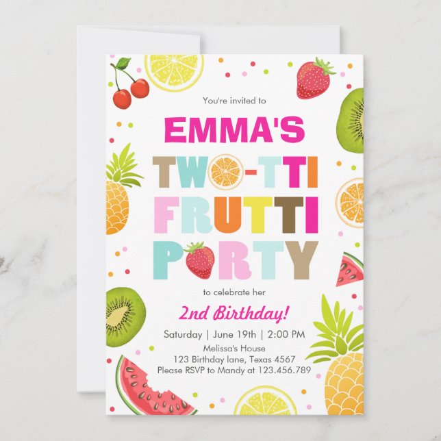 Tvåtti frutti party inbjudan Tutti fruktig födelse (Framsida)