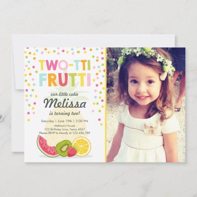 Tvåtti frutti party inbjudan Tutti fruktig födelse (Framsida)
