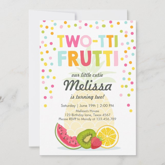 Tvåtti frutti party inbjudan Tutti fruktig födelse (Framsida)
