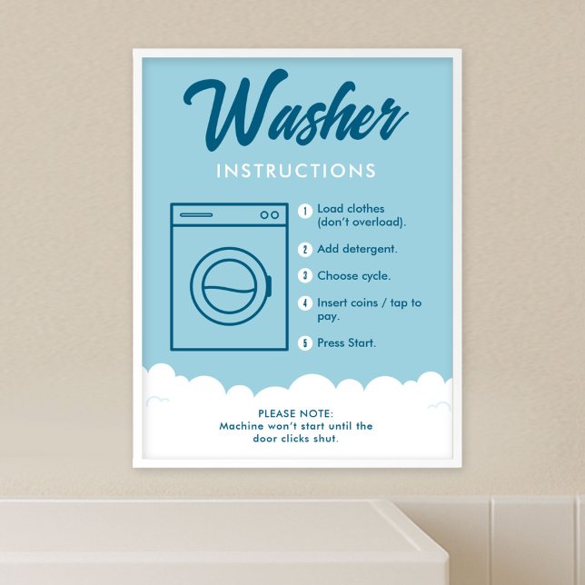 Tvättmaskin Instruktioner Modern Tvättstuga Skylt  (Fully editable blue and white laundromat washer instructions poster template)