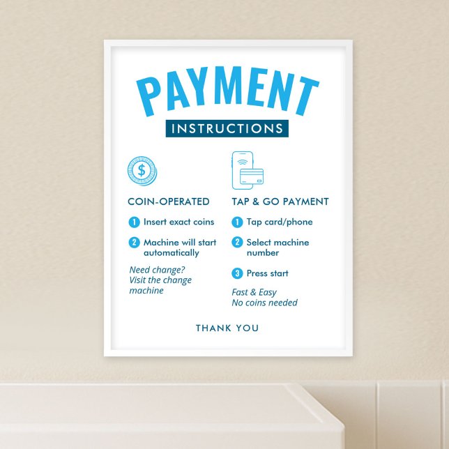 Tvättomat Betalningsinstruktioner Affisch Väggskyl (modern laundromat payment options and  instructions poster template in blue and white)
