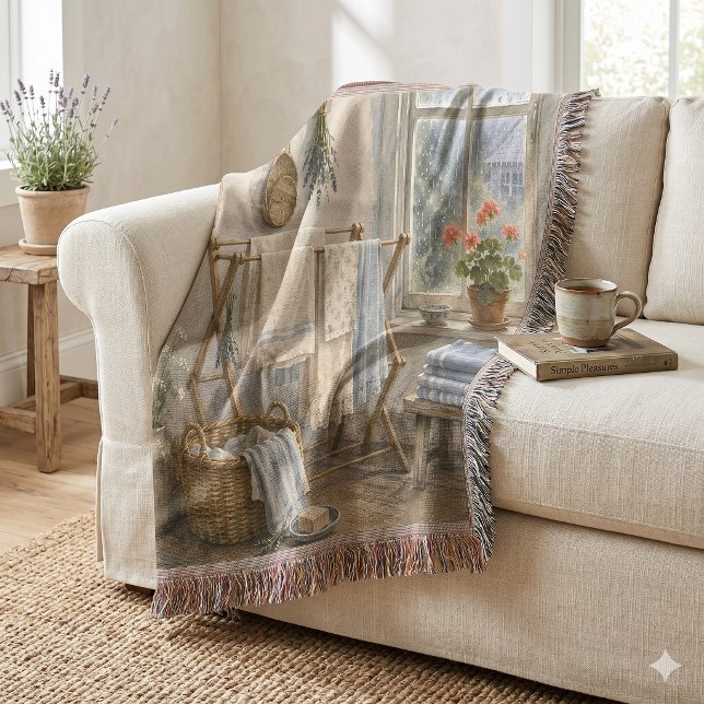 Tvättstuga i Regniga Dagars Stuga Filt (Rainy Day Cottage Laundry Room Throw Blanket)