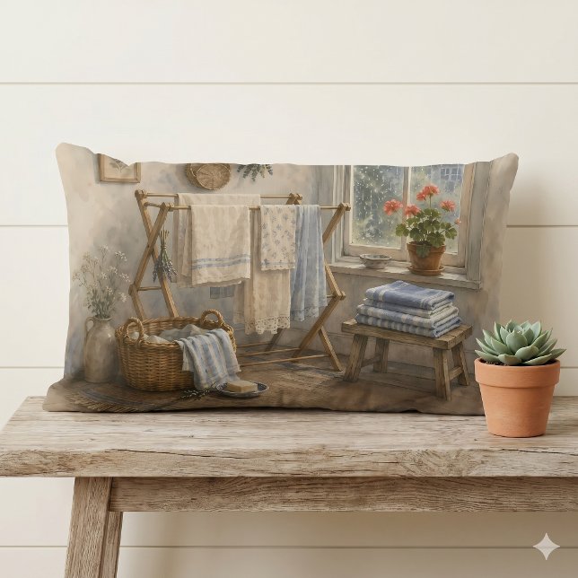Tvättstuga i Regniga Dagars Stuga Lumbarkudde (Rainy Day Cottage Laundry Room Lumbar Pillow)
