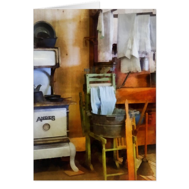 Tvättuttorkning i kök hälsningskort (Framsidan)