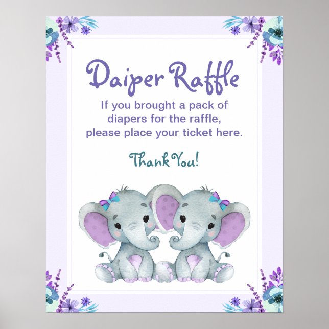 Tvillin Elephant Diaper Raffle Baby Shower Game-sk Poster (Framsidan)