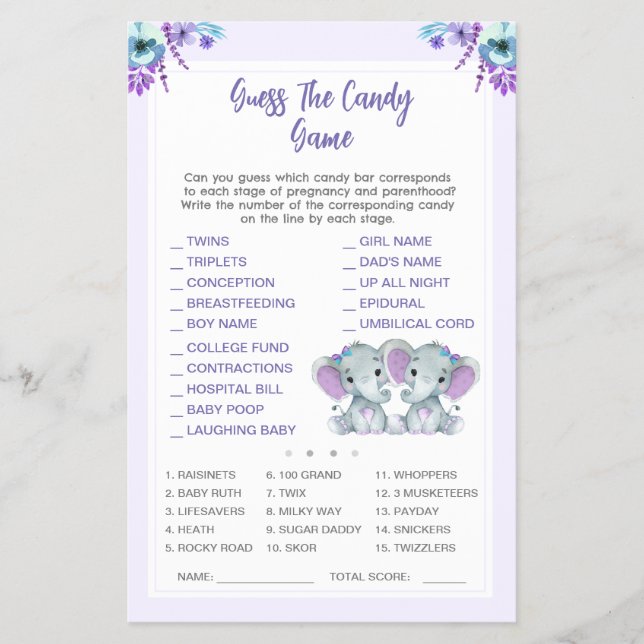 Tvillin Elephant gissar att babybabyspelet i godis Flygblad (Framsidan)