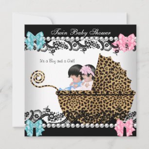 Tvilling Babyshower Söt Flick Pink Pojke Blå Leopa Inbjudningar