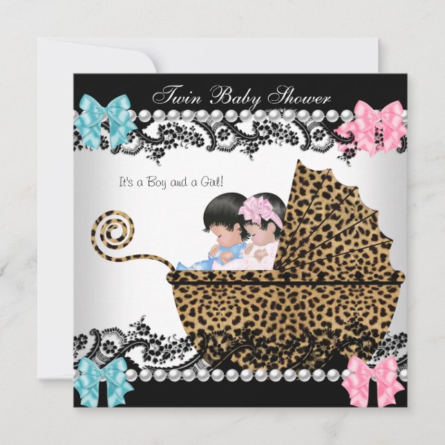 Tvilling Babyshower Söt Flick Pink Pojke Blå Leopa Inbjudningar (Framsida)