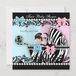 Tvilling Babyshower Söt Flick Pink Pojke Blå Zebra Inbjudningar