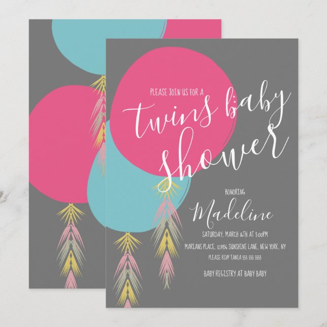 Tvilling Babyshower Tassel Boho Ballong  Inbjudan (Fram/baksida)