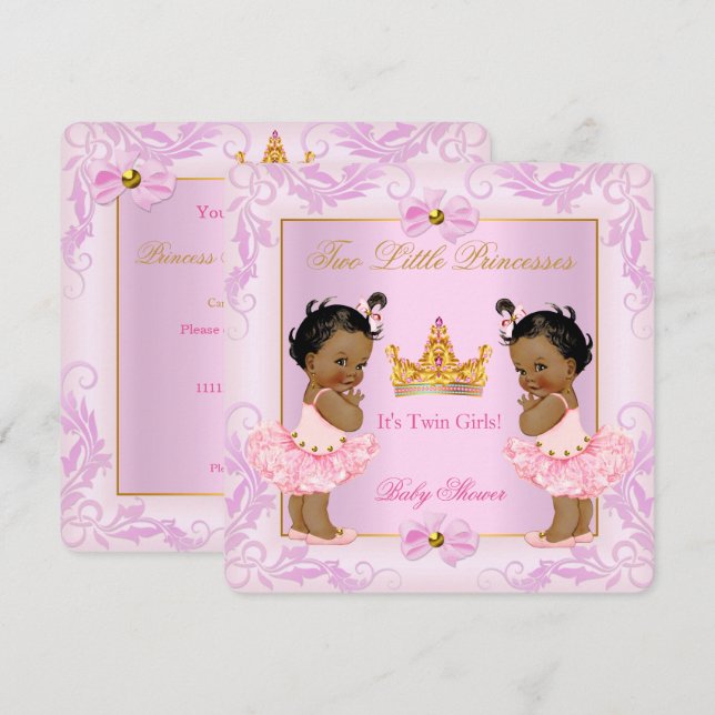 Tvilling Bebis Dusj Prinsessa Tiara Flicka Rosa Et Inbjudningar (Fram/baksida)