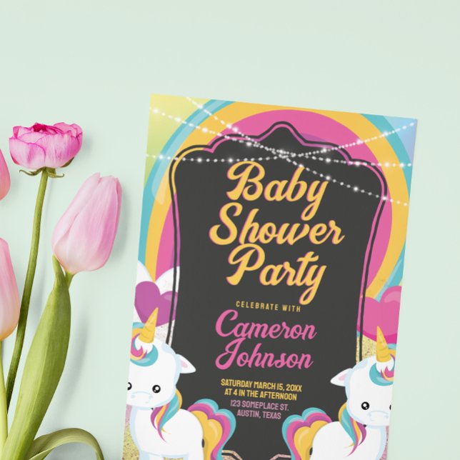 Tvilling Enhörningar Baby Shower Söt Färgrik Inbjudningar (twin unicorns colorful happy vibe card design.)