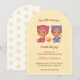 Tvilling Katt Björn Könsneutral Baby Shower Gul Inbjudningar