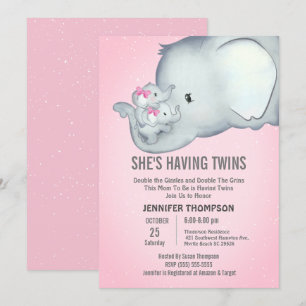 Tvilling Mamma Flickor Rosa Elefant Inbjudan