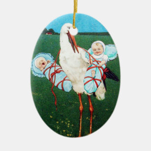 TVILLING- POJKEDUSCH för STORK, krickablått Julgransprydnad Keramik