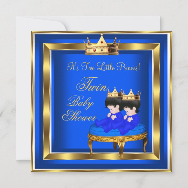 Tvilling prins baby shower Blå Guld Pojke Krona 3a Inbjudningar (Framsida)