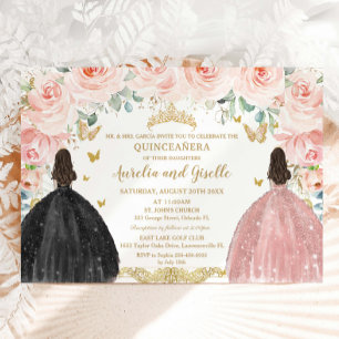 Tvilling Quinceañera Prinsessa Rodnad Blommig Guld Inbjudningar