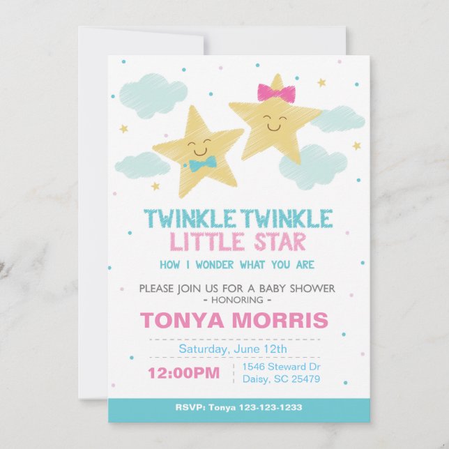 Tvilling Stjärna Kritkort Baby Shower Inbjudan (Framsida)