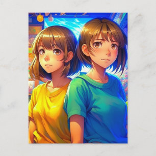 Tvilling Systrar Anime Flickor Vykort