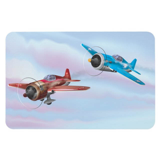 Tvilling tecknad propeller flygplan flyger magnet (Horisontell)