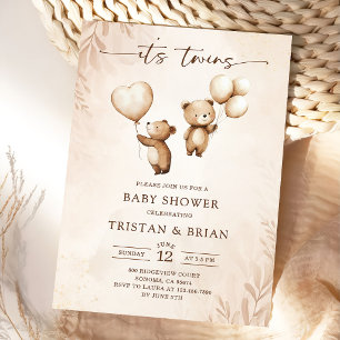 Tvilling Teddybjörn Ballonger Bebis Shower Inbjudningar