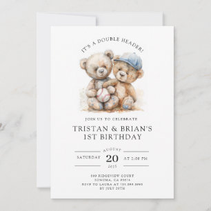Tvilling Teddybjörn Vattenfärg Pojke 1-årsdag Inbjudningar