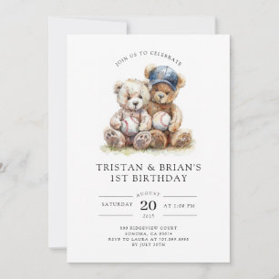 Tvilling Teddybjörn Vattenfärg Pojke 1-årsdag Inbjudningar