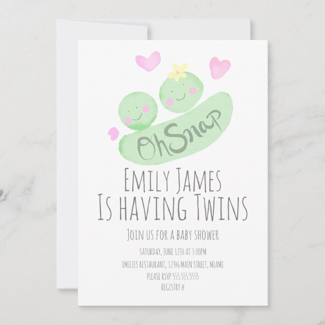 Tvillingar Ärtpodsar Babyshower med akvarell Inbjudningar (Framsida)