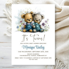 Tvillingar av söta teddybjörnar - Baby Shower Inbjudningar
