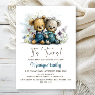 Tvillingar av söta teddybjörnar - Baby Shower Inbjudningar