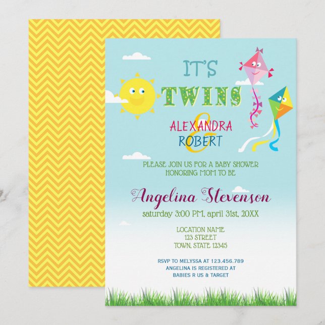 Tvillingar Baby Shower Vår Sommar Söt Sol Draken R Inbjudningar (Fram/baksida)